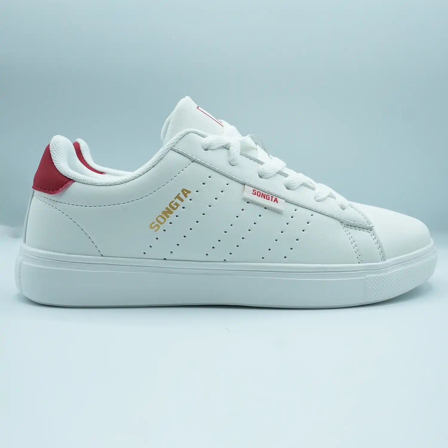 Unisex Low-Top Sneakers – Classic White with Red & Black Detail